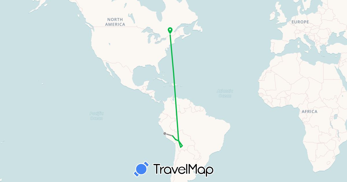 TravelMap itinerary: bus, plane in Bolivia, Canada, Peru (North America, South America)